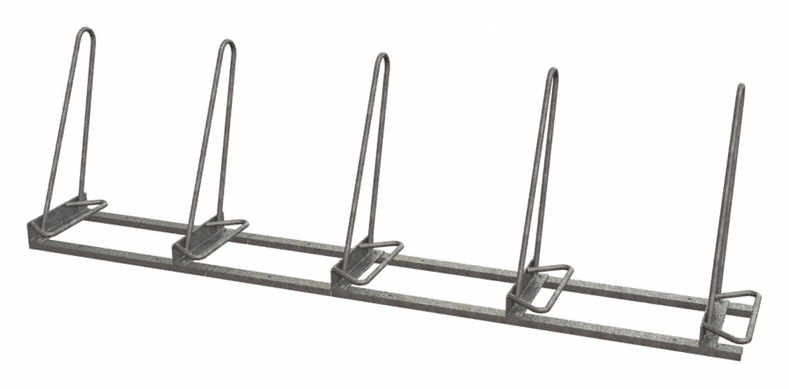 Bike Rack: Shark Rack, 5 Bikes, Galvanized, Steel, 30 in Slot Wd, 30 in Overall Ht, 22 in Overall Wd