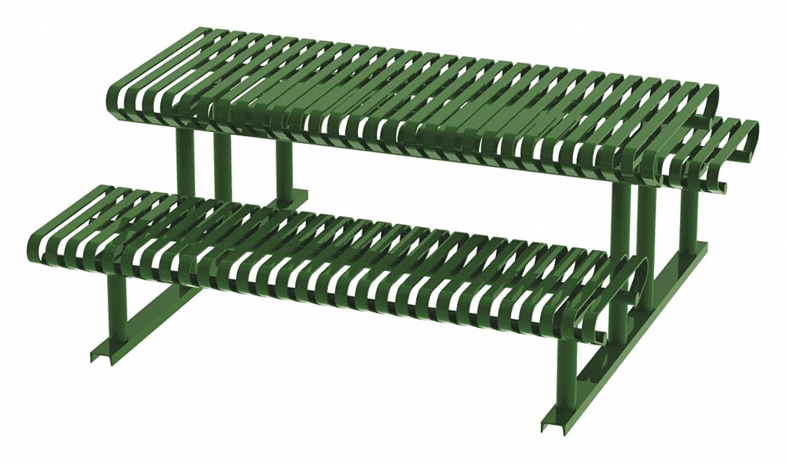 Picnic Table: Steel, Powder Coated, Green, 30 in Overall Ht, 77 1/2 in Overall Lg