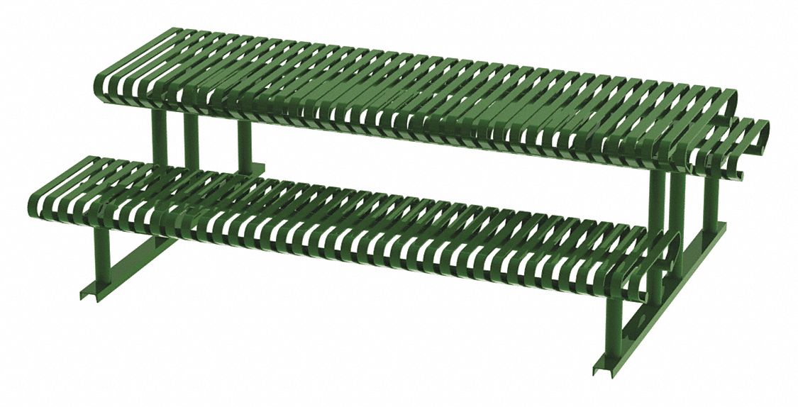 Picnic Table: Steel, Powder Coated, Green, 30 in Overall Ht, 94 in Overall Lg