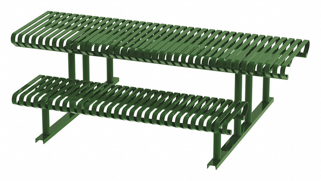 Picnic Table: Steel, Powder Coated, Green, 30 in Overall Ht, 77 1/2 in Overall Lg