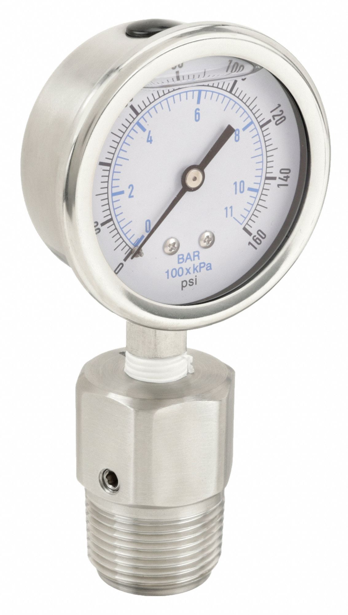 Pressure Gauge with Diaphragm Seal: 0 psi to 160 psi, KC301/DSM35FLUSH, 2 1/2 in Dial, Bottom