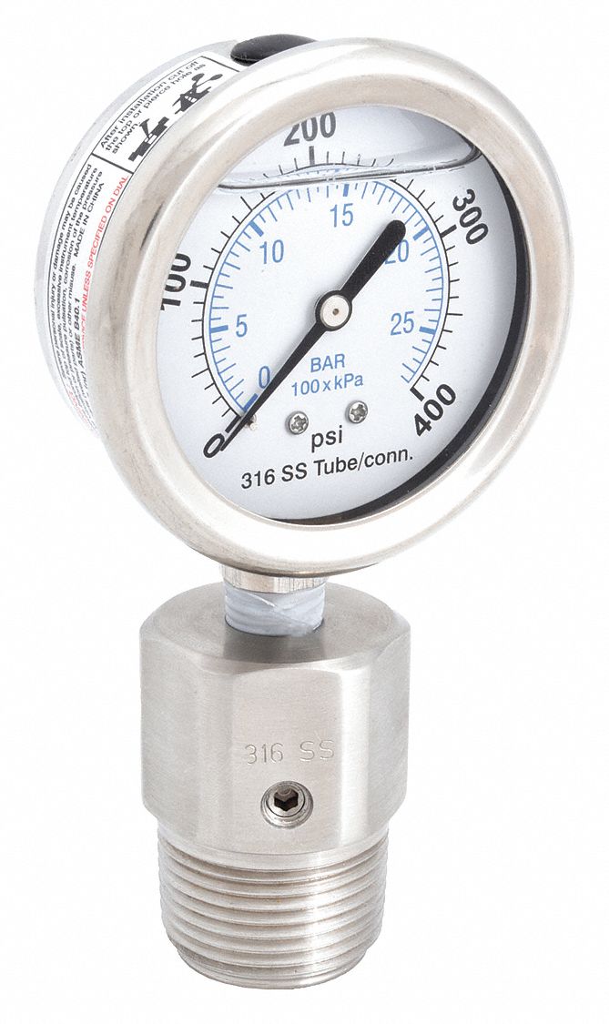 Pressure Gauge with Diaphragm Seal: 0 psi to 400 psi, KC301/DSM35FLUSH, 2 1/2 in Dial, Bottom