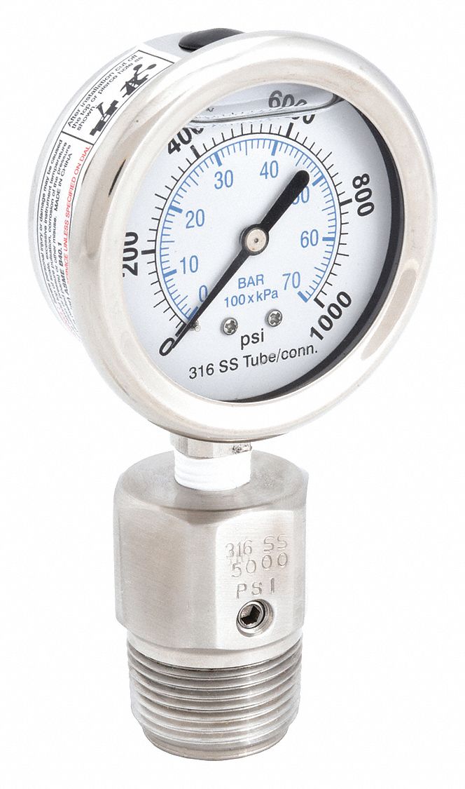 Pressure Gauge with Diaphragm Seal: 0 psi to 1, 000 psi, KC301/DSM35FLUSH, 2 1/2 in Dial, 4X