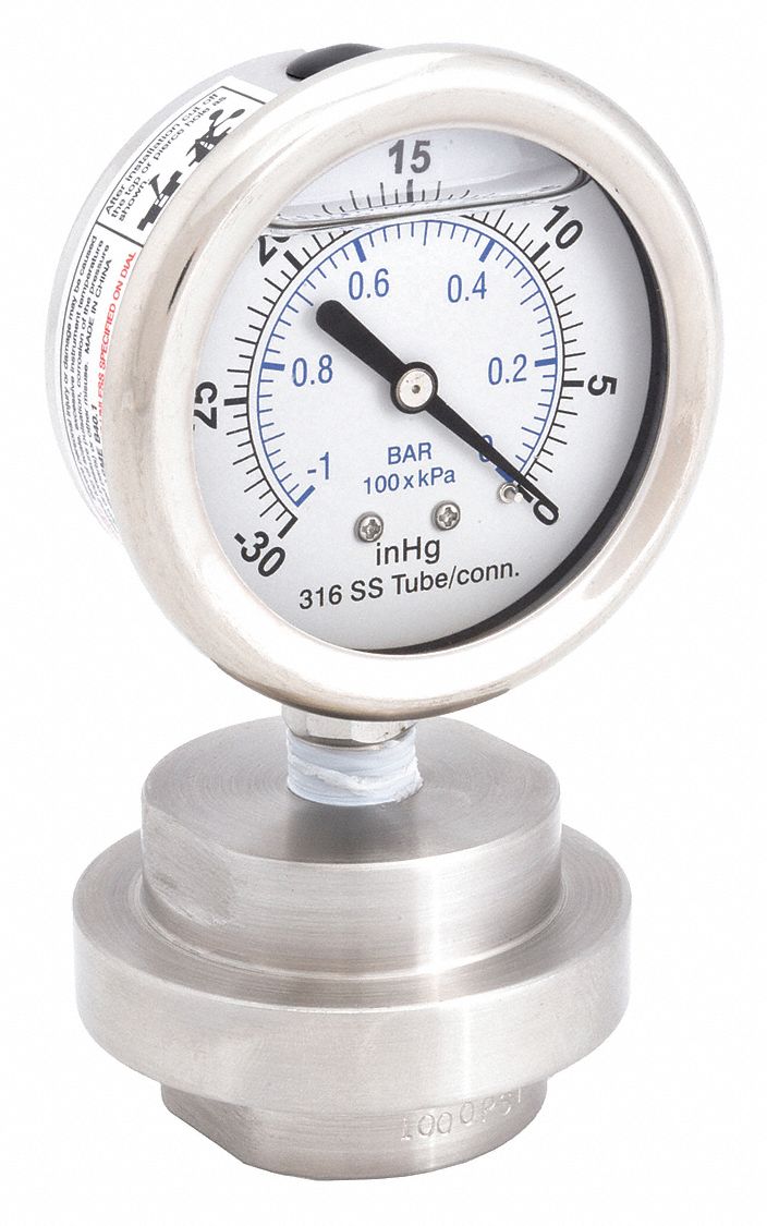 Pressure Gauge with Diaphragm Seal: KC301/DSM35LP, 2 1/2 in Dial, 316 Stainless Steel, Bottom