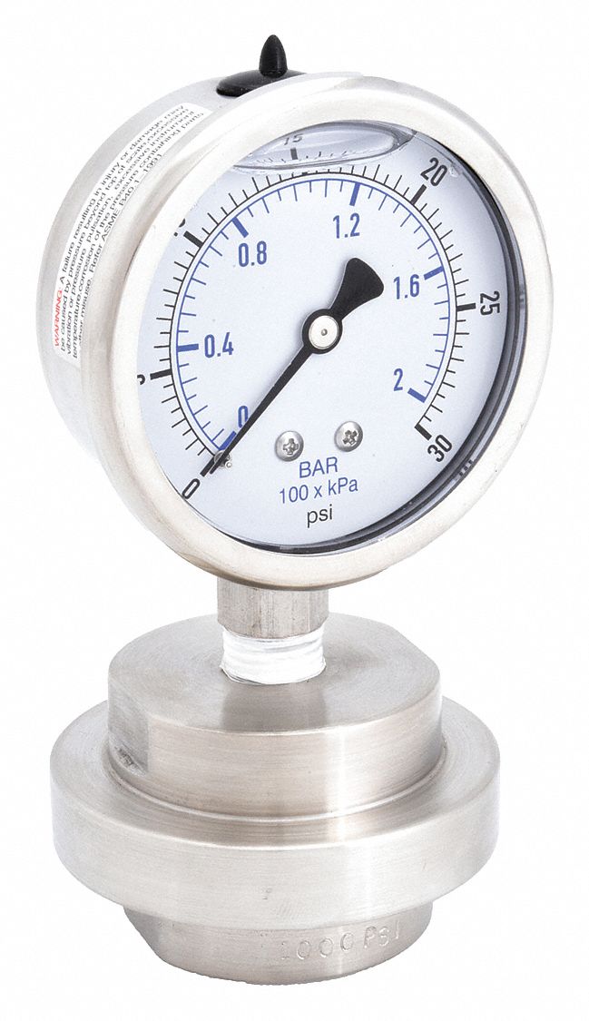Pressure Gauge with Diaphragm Seal: 0 psi to 30 psi, KC301/DSM35LP, 2 1/2 in Dial, Bottom, 4X