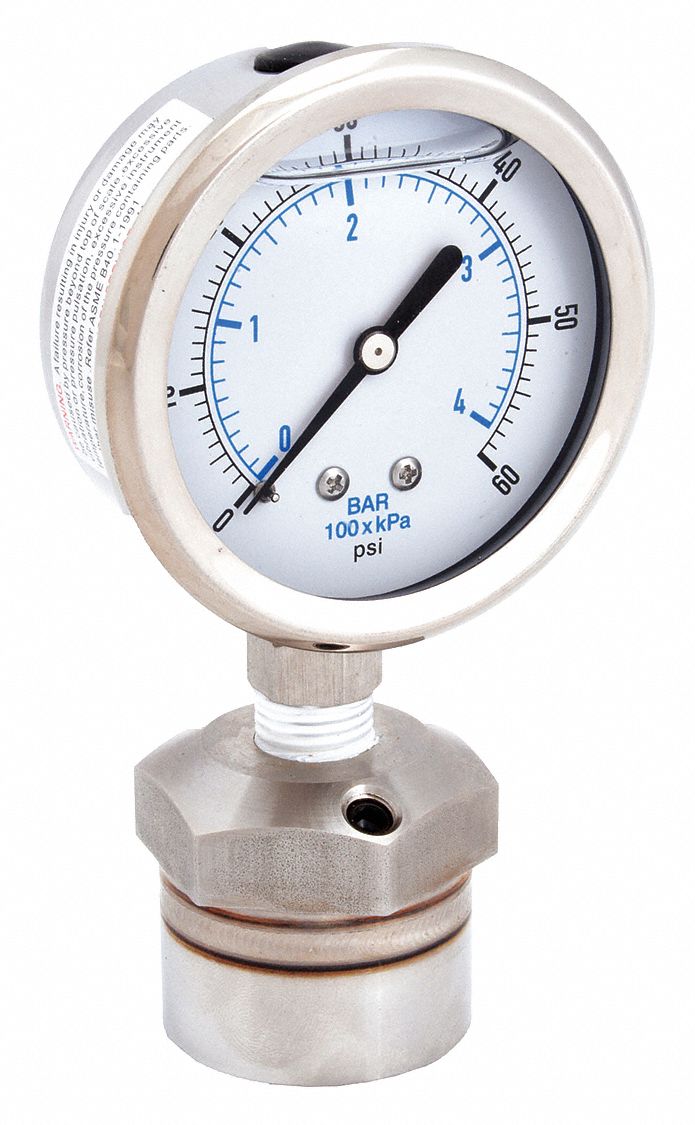 Pressure Gauge with Diaphragm Seal: 0 psi to 60 psi, KC301/DSM35, 2 1/2 in Dial, Mineral Oil