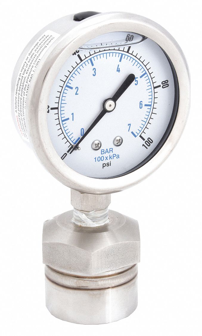 Pressure Gauge with Diaphragm Seal: 0 psi to 100 psi, KC301/DSM35, 2 1/2 in Dial, Mineral Oil