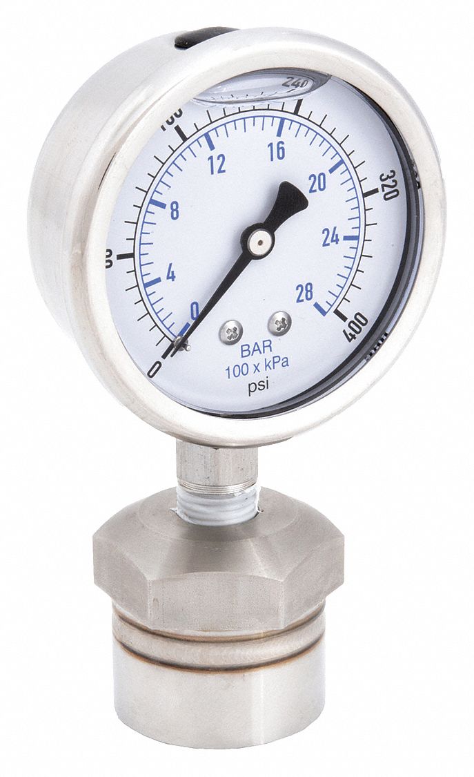 Pressure Gauge with Diaphragm Seal: 0 psi to 400 psi, KC301/DSM35, 2 1/2 in Dial, Mineral Oil