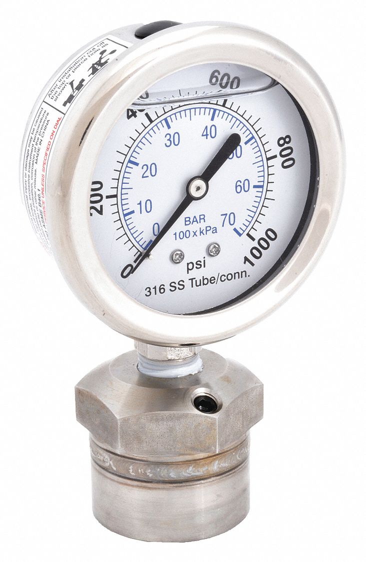 Pressure Gauge with Diaphragm Seal: 0 psi to 1, 000 psi, KC301/DSM35, 2 1/2 in Dial, Bottom