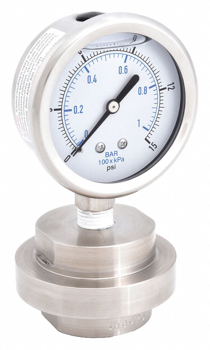 Pressure Gauge with Diaphragm Seal: 0 psi to 15 psi, KC301/DSM35LP, 2 1/2 in Dial, Bottom, 4X