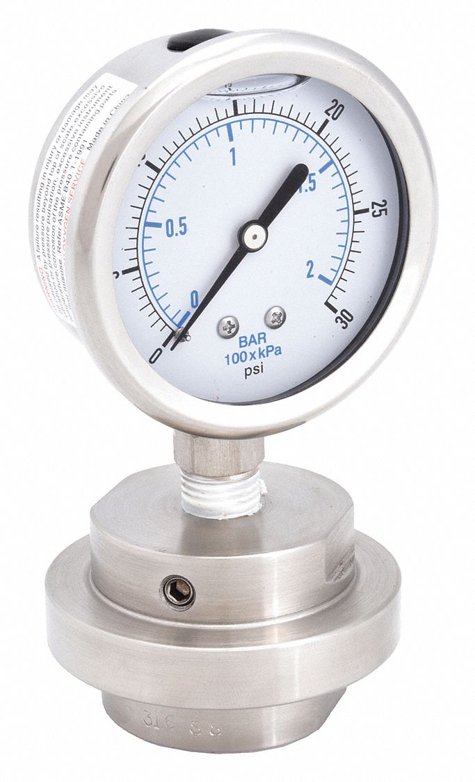 Pressure Gauge with Diaphragm Seal: 0 psi to 30 psi, KC301/DSM35LP, 2 1/2 in Dial, Bottom, 4X