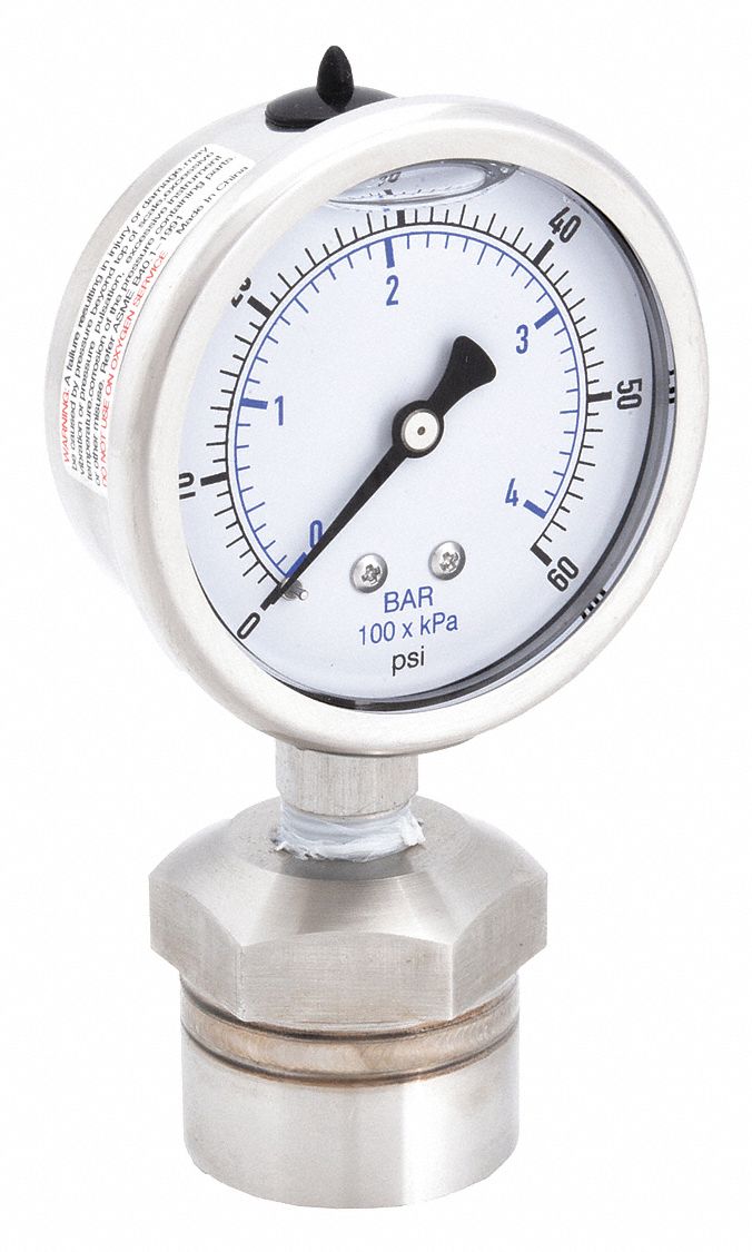 Pressure Gauge with Diaphragm Seal: 0 psi to 60 psi, KC301/DSM35, 2 1/2 in Dial, Mineral Oil