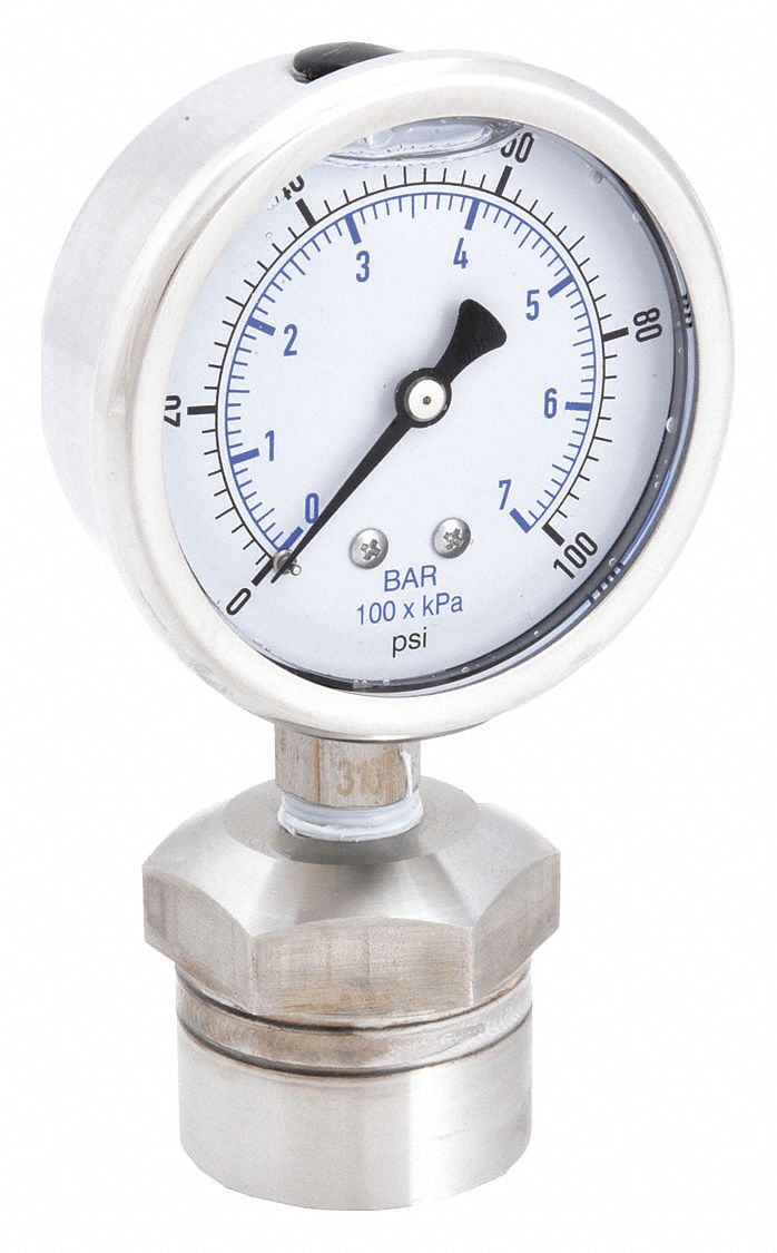Pressure Gauge with Diaphragm Seal: 0 psi to 100 psi, KC301/DSM35, 2 1/2 in Dial, Mineral Oil