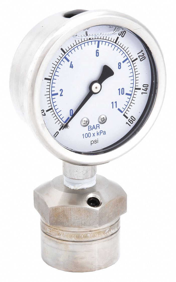 Pressure Gauge with Diaphragm Seal: 0 psi to 160 psi, KC301/DSM35, 2 1/2 in Dial, Mineral Oil