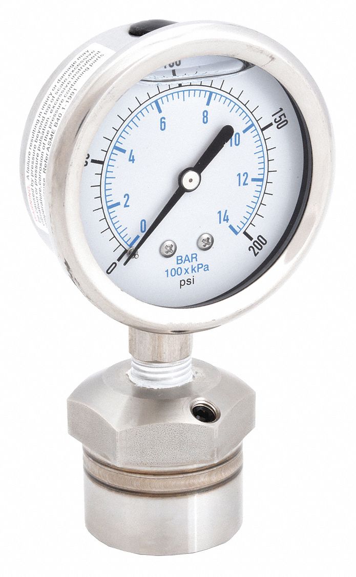 Vacuum Gauge with Diaphragm Seal: 0 psi to 200 psi, KC301/DSM35, 2 1/2 in Dial, Mineral Oil