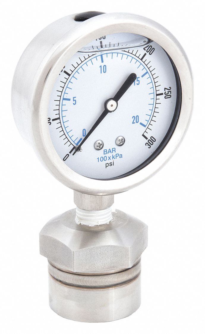 Pressure Gauge with Diaphragm Seal: 0 psi to 300 psi, KC301/DSM35, 2 1/2 in Dial, Mineral Oil