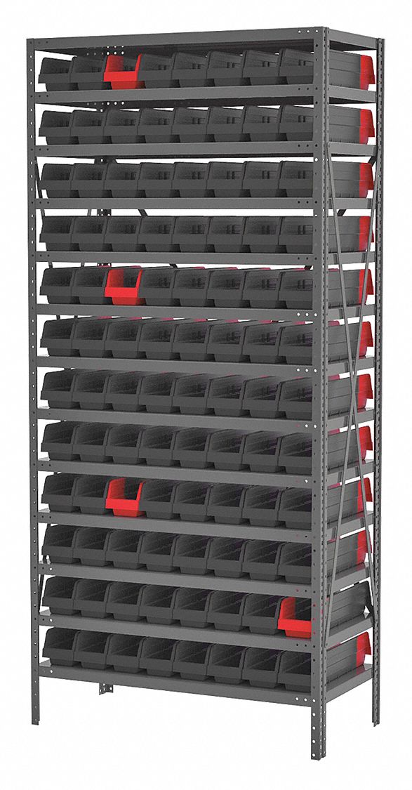 Bin Shelving: 36 in x 18 in x 79 in, 1 Sided, 96 Bins, Open, Indicator Bin, Black/Red