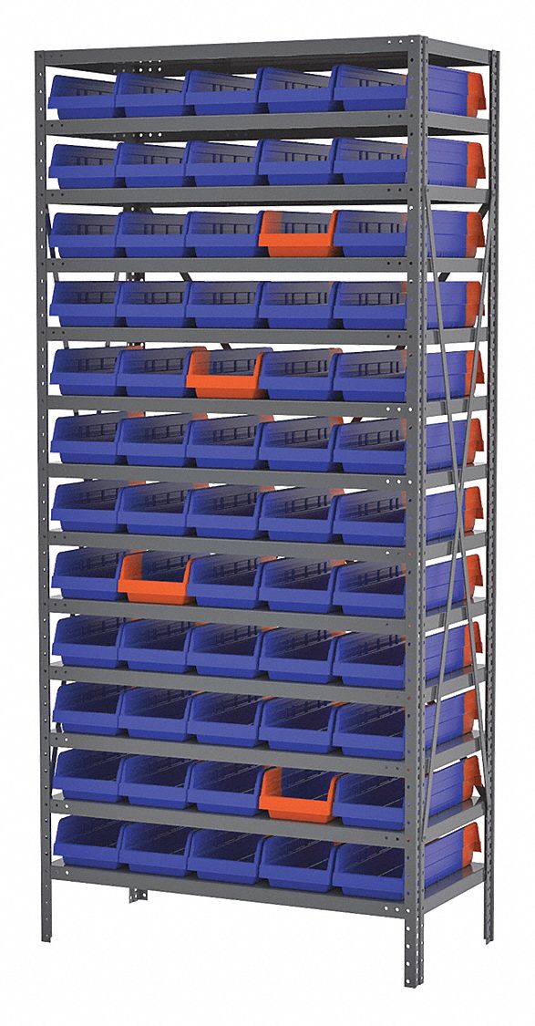 Bin Shelving: 36 in x 18 in x 79 in, 1 Sided, 60 Bins, Open, Indicator Bin, Blue/Orange