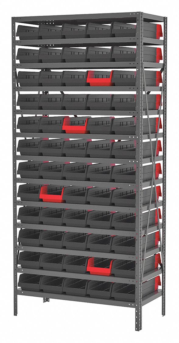 Bin Shelving: 36 in x 18 in x 79 in, 1 Sided, 60 Bins, Open, Indicator Bin, Black/Red