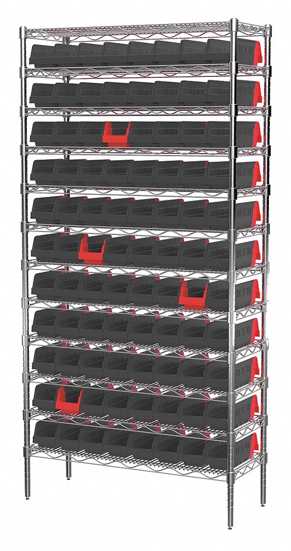 Bin Shelving: 36 in x 14 in x 74 in, 96 Bins, 12 Shelves, Open, Indicator Bin, Black/Red