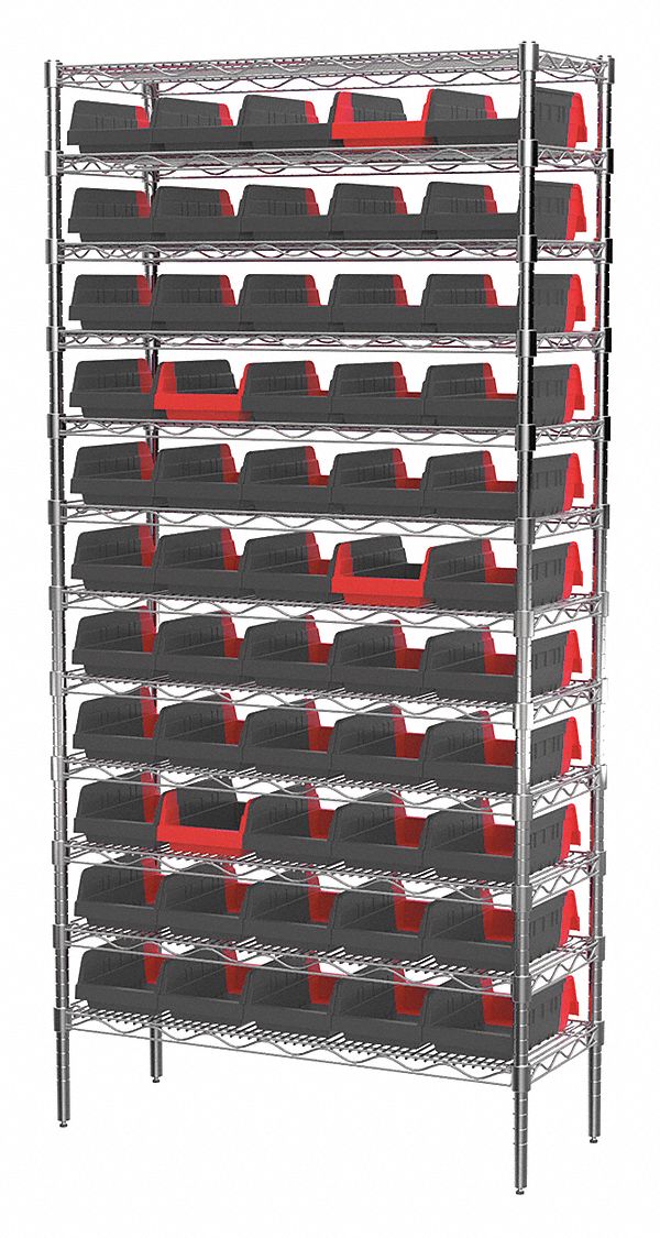 Bin Shelving: 36 in x 14 in x 74 in, 60 Bins, 12 Shelves, Open, Indicator Bin, Black/Red