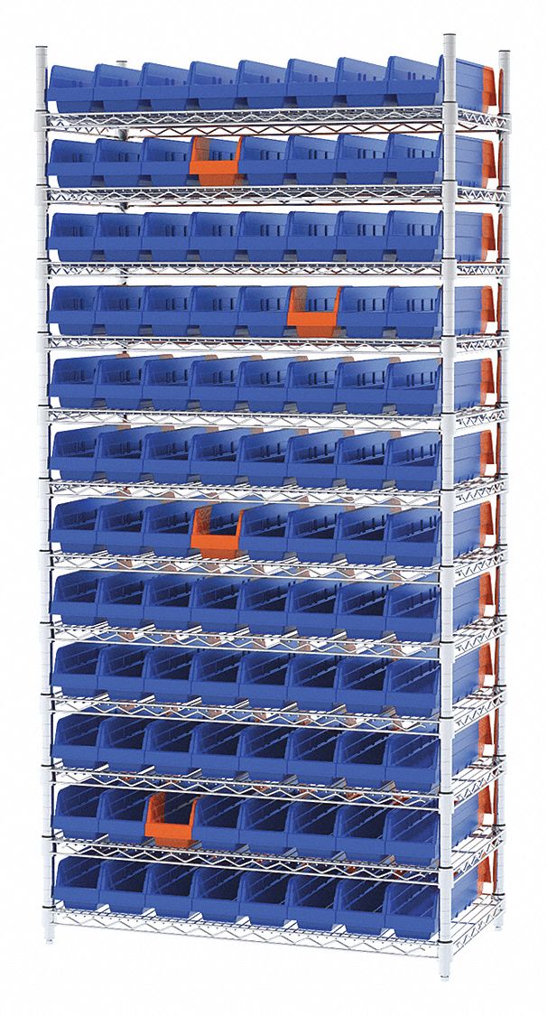 Bin Shelving: 36 in x 18 in x 74 in, 96 Bins, 12 Shelves, Open, Indicator Bin, Blue/Orange