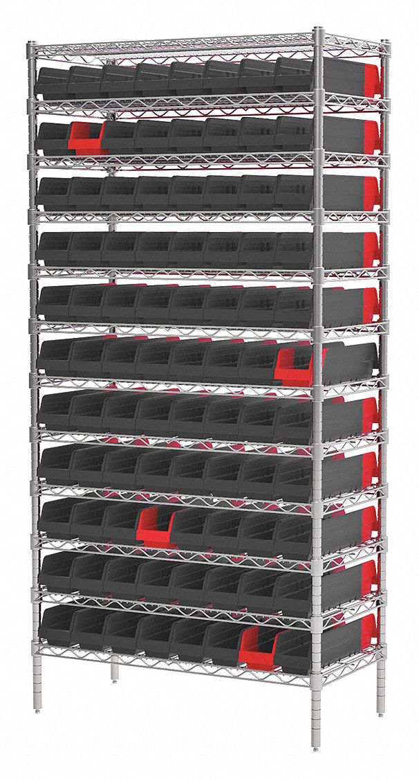 Bin Shelving: 36 in x 18 in x 74 in, 96 Bins, 12 Shelves, Open, Indicator Bin, Black/Red