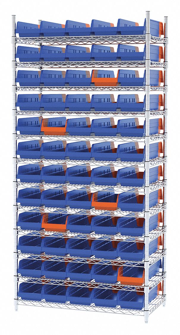Bin Shelving: 36 in x 18 in x 74 in, 60 Bins, 12 Shelves, Open, Indicator Bin, Blue/Orange
