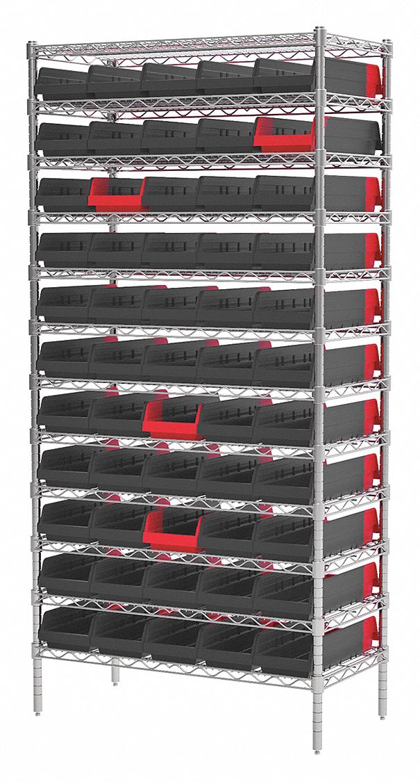 Bin Shelving: 36 in x 18 in x 74 in, 60 Bins, 12 Shelves, Open, Indicator Bin, Black/Red