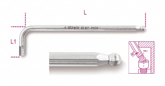 HEX KEY, 1 BALL END, 3/16 IN TIP SIZE, SAE, LONG, STAINLESS STEEL, NATURAL, 5 IN LONG ARM L