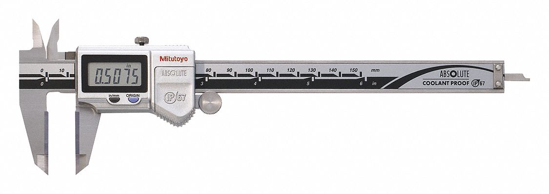 Carbide Jaw 4-Way Digital Caliper: 0 in to 8 in /0 mm to 200 mm, IP67, Inch/Metric, Cabled