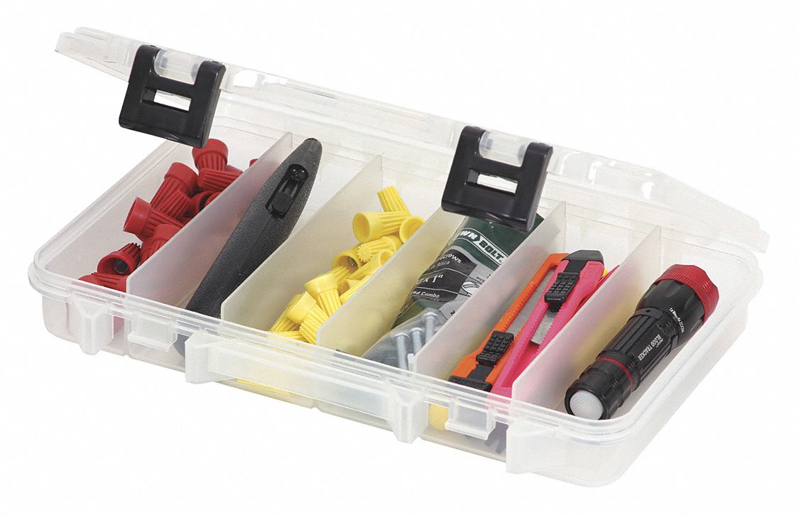 COMPARTMENT BOX, 1¾ IN X 10⅞ IN X 7¼ IN, CLEAR, 6 COMPARTMENTS, LATCH