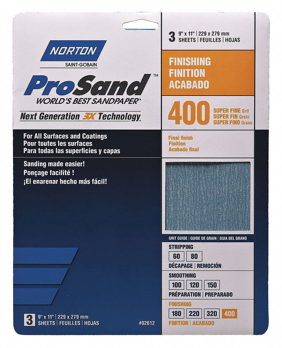 Sandpaper Sheet: 9 in W x 11 in L, Aluminum Oxide, P400 Grit, B Wt Paper, A259PS, 3 PK