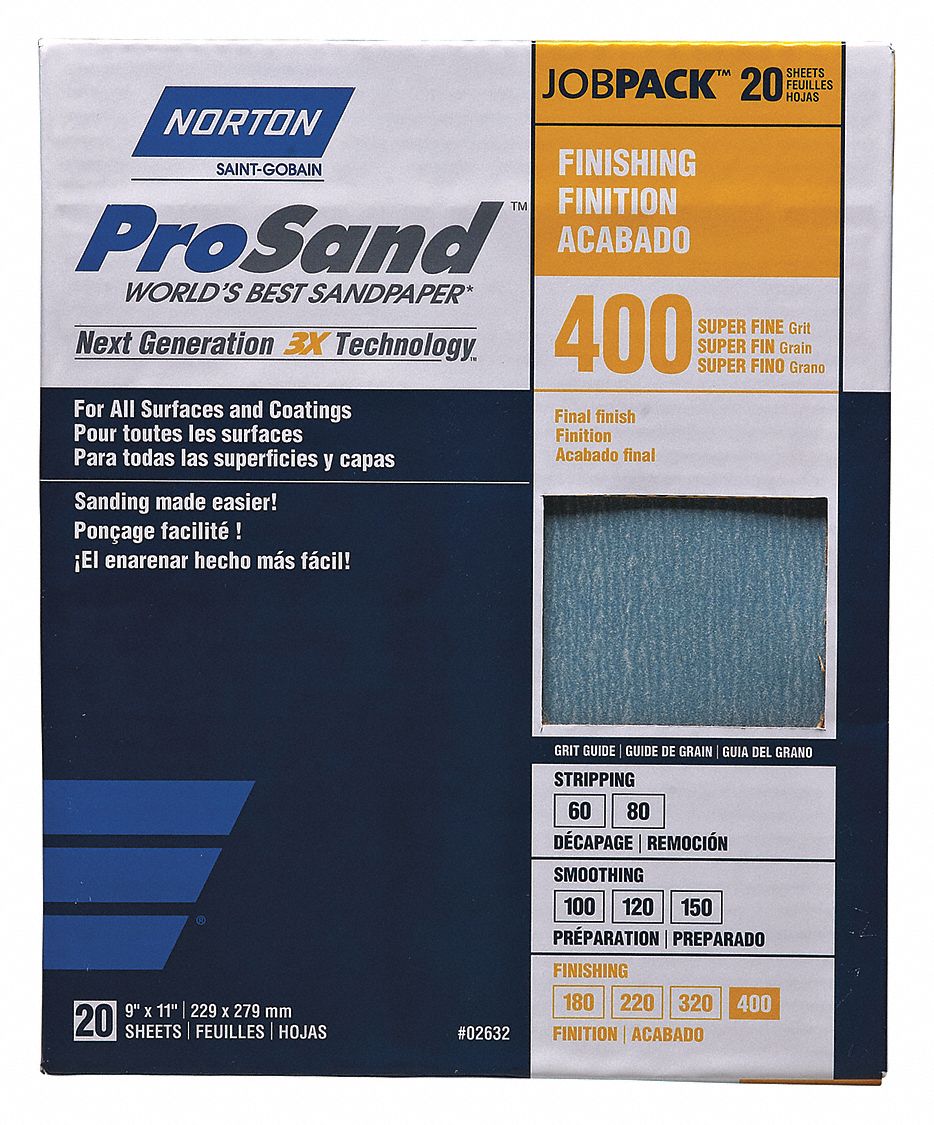 Sandpaper Sheet: 9 in W x 11 in L, Aluminum Oxide, P400 Grit, B Wt Paper, A259PS, 20 PK