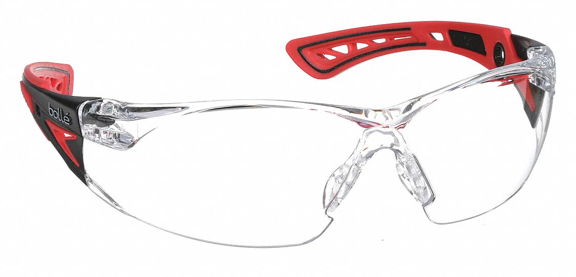 Safety Glasses: Clear Lens, Frameless, Platinum, Dielectric, Black/Red Frame