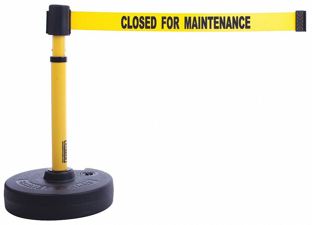 Barrier Post with Belt: Yellow, No Pattern, Closed for Maint, 15 ft Belt Lg, Yellow