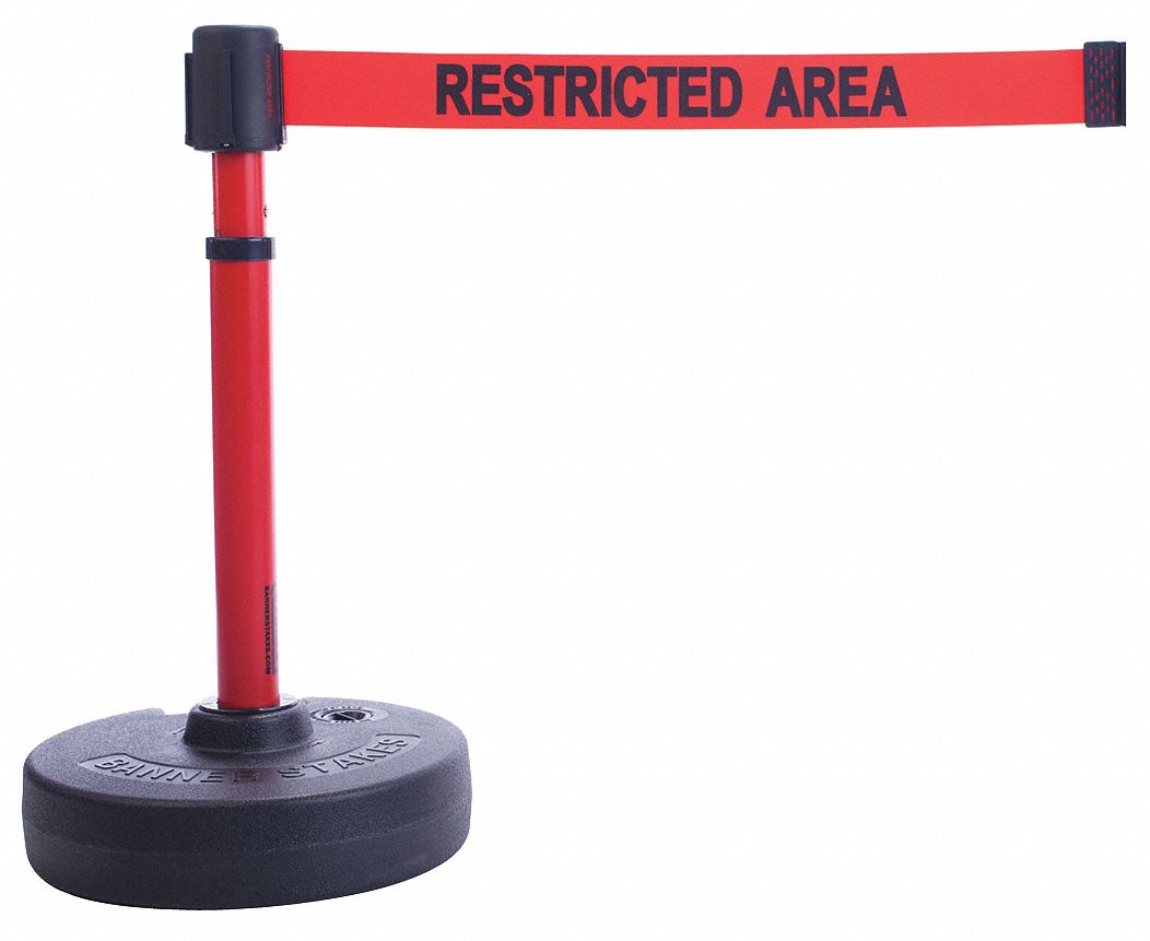 Barrier Post with Belt: Red, No Pattern, Restricted Area, 15 ft Belt Lg, Red