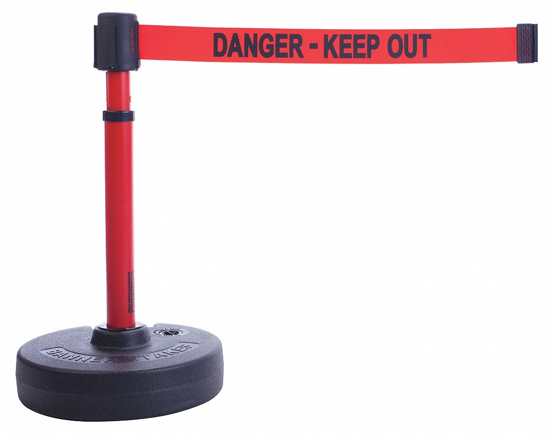 Barrier Post with Belt: Red, No Pattern, Danger Keep Out, 15 ft Belt Lg, Red