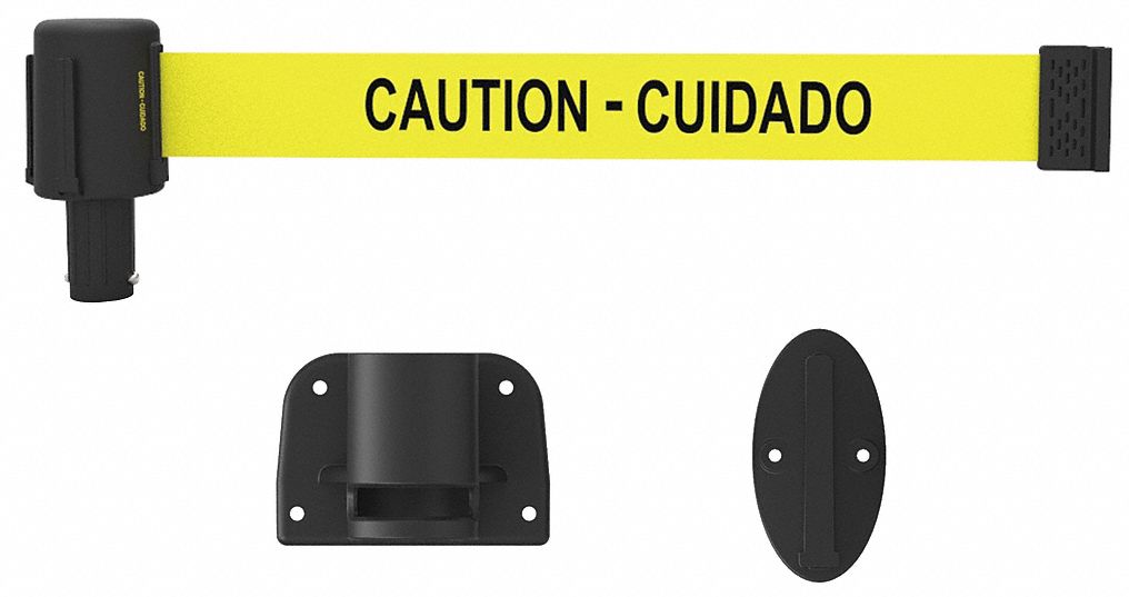 Retractable Belt Barrier: Anchors/Screws, 15 ft Belt Lg, Bilingual Messaging, Yellow