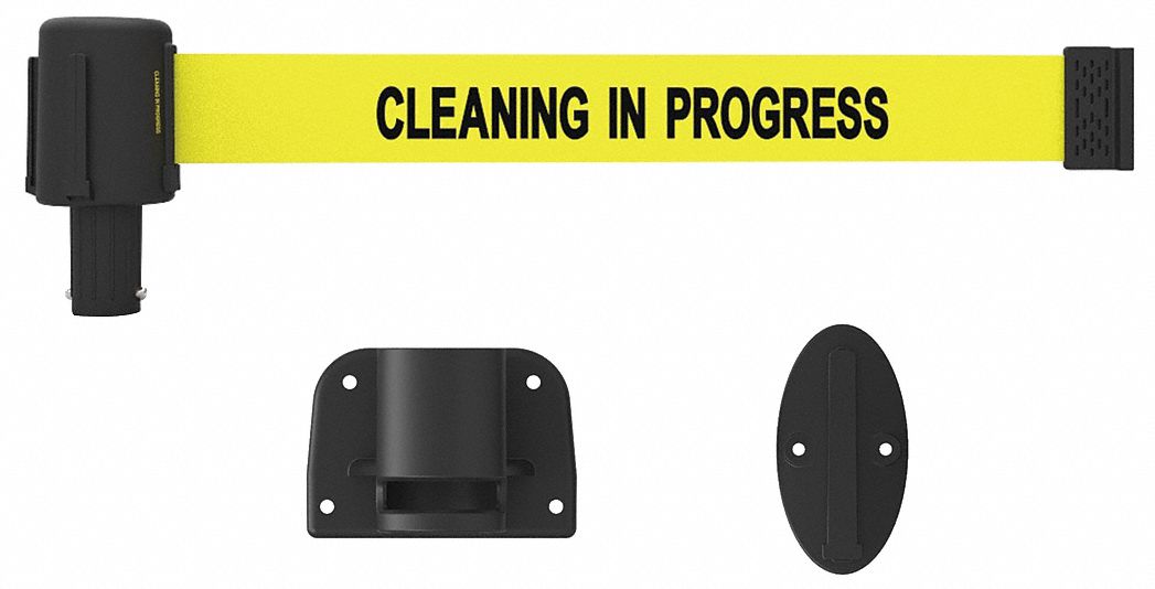 Retractable Belt Barrier: Anchors/Screws, 15 ft Belt Lg, Maint & Cleaning Messaging