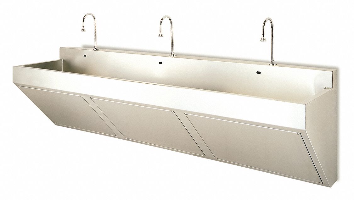 Scrub Sink: 3 Stations, 11 in Bowl Dp, 15 in Bowl Lg, 12 in Bowl Wd, Faucet Included