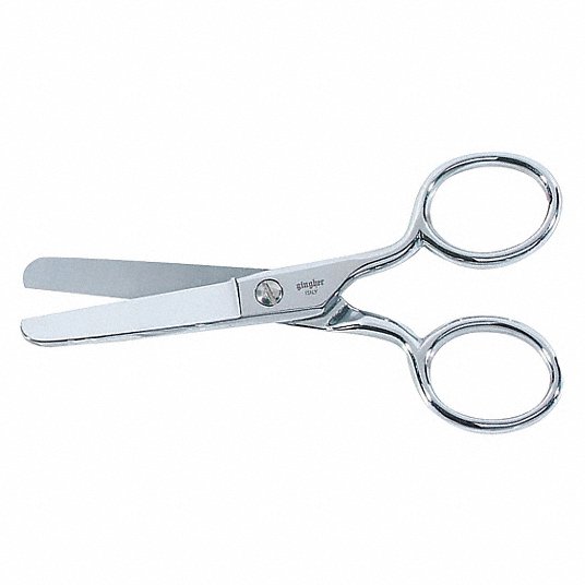 Scissors: Ambidextrous, 4 in Overall Lg, Straight, Stainless Steel, Rounded, Silver