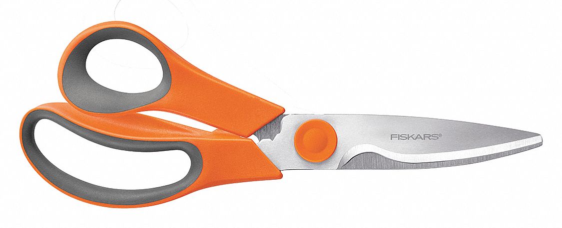 SHEARS, RIGHT-HAND, 8 IN OVERALL L, SERRATED, STAINLESS STEEL, POINTED, GREY/ORANGE
