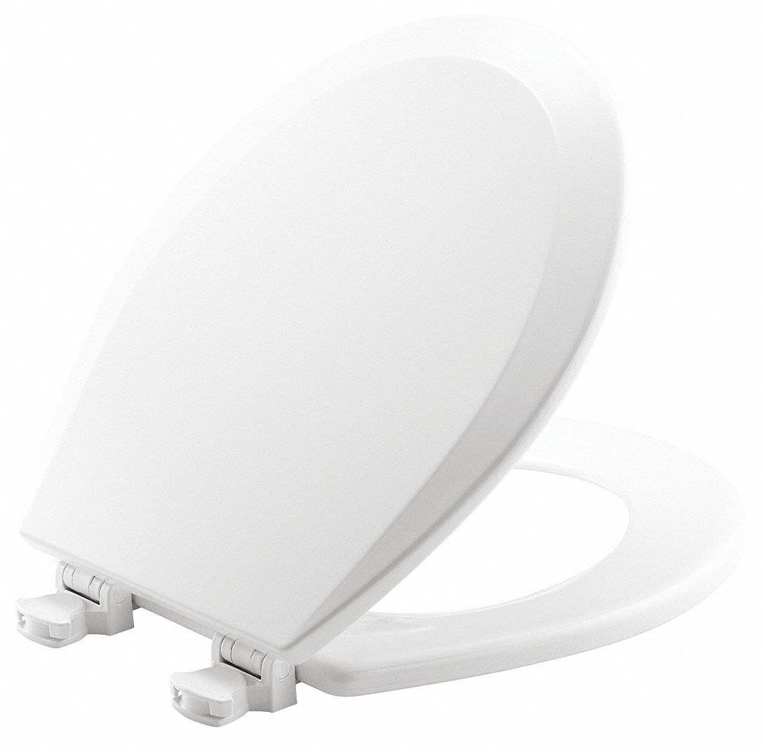 TOILET SEAT: WHITE, PLASTIC, EXTERNAL CHECK HINGE, 2 IN SEAT H, 16⅞ IN BOLT TO SEAT FRONT