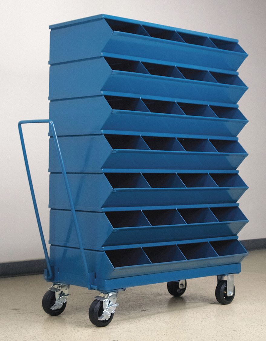 Sectional Stacking Bin Unit: 37 in x 5 3/8 in x 53 3/4 in, Caster, 28 Compartments, Blue