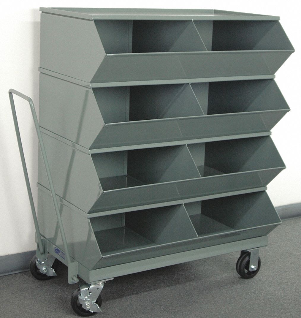 Sectional Stacking Bin Unit: 37 in x 5 3/8 in x 48 1/4 in, Caster, 8 Compartments, Gray