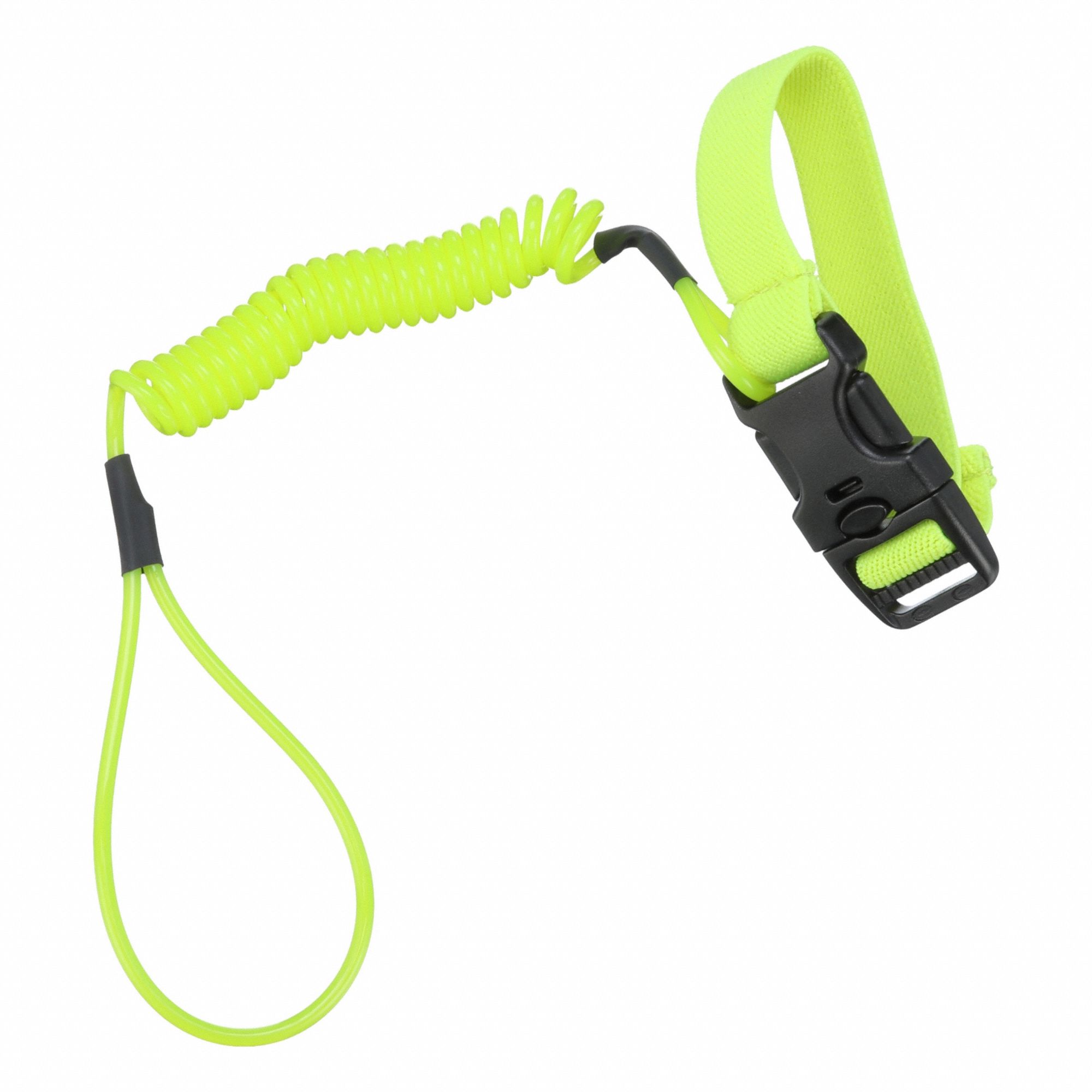 Hard Hat Lanyard: Coiled Tether, 48 in Max Working Lg, Yellow, Buckle, Elastic