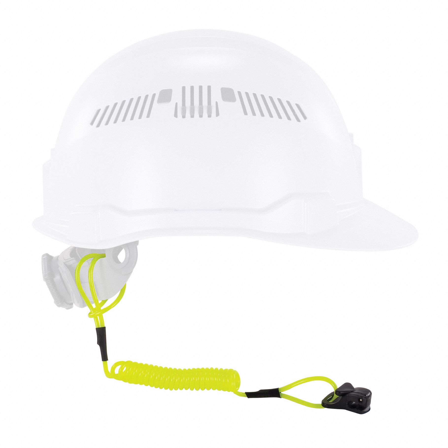 COIL HARD HAT LANYARD WITH QUICK RELEASE CLAMP, PUR, 12 TO 48 IN, LIME