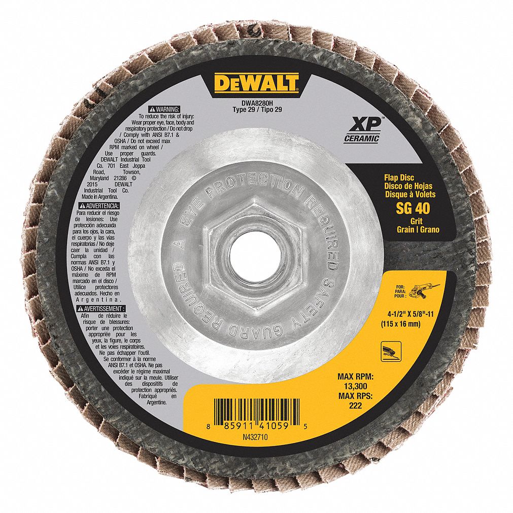 DEWALT Flap Disc, 13, 300 RPM, 41/2"Dia. 45NJ95DWA8280H Grainger