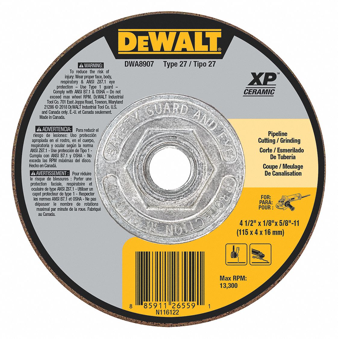 DEWALT, Type 27, 4 1/2 in x 1/8 in x 5/8"11, CutOff & Grinding Wheel